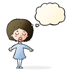 cartoon woman in dress with thought bubble