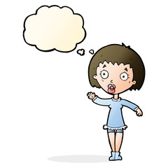 cartoon waving woman with thought bubble