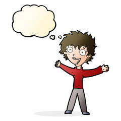 cartoon excited woman with thought bubble