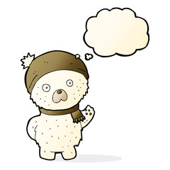 cartoon cute polar bear in winter hat and scarf with thought bub