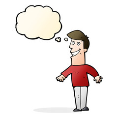 cartoon grinning man with thought bubble
