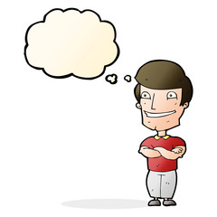 cartoon grinning man with thought bubble