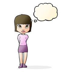 cartoon woman standing with thought bubble