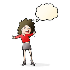 cartoon woman having trouble walking in heels with thought bubbl