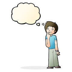 cartoon boy wondering with thought bubble