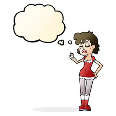 cartoon woman making dismissive gesture with thought bubble