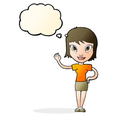 cartoon woman waving with thought bubble