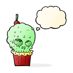 cartoon spooky skull cupcake with thought bubble