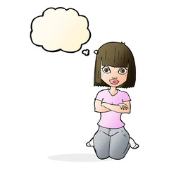 cartoon woman kneeling with thought bubble