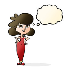 cartoon girl with hands on hips with thought bubble
