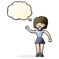 cartoon girl waving with thought bubble
