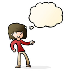cartoon girl pointing with thought bubble