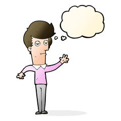 cartoon bored man waving with thought bubble
