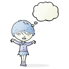 cartoon waving vampire girl with thought bubble