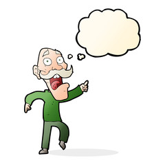 cartoon frightened old man with thought bubble