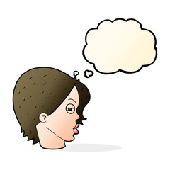 cartoon female face with narrowed eyes with thought bubble