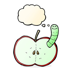 cartoon apple with worm with thought bubble