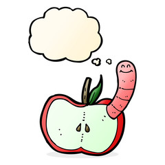 cartoon apple with worm with thought bubble