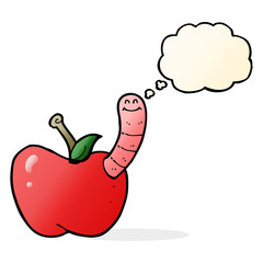 cartoon apple with worm with thought bubble