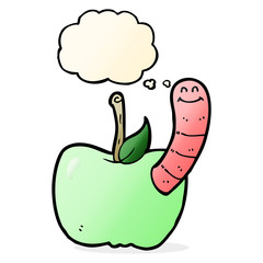 cartoon apple with worm with thought bubble