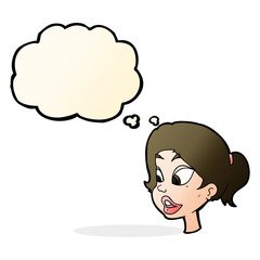 cartoon friendly woman with thought bubble