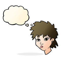cartoon curious girl with thought bubble