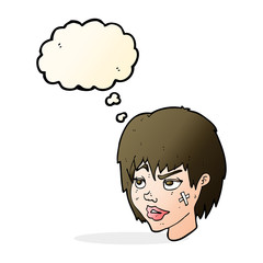 cartoon woman with plaster on face with thought bubble