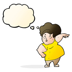 cartoon happy overweight lady with thought bubble