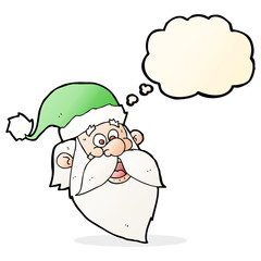cartoon jolly santa claus face with thought bubble