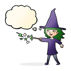 cartoon witch girl casting spell with thought bubble