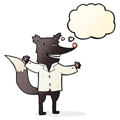 cartoon happy wolf wearing shirt with thought bubble
