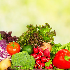 Vegetables and fruits over green background.