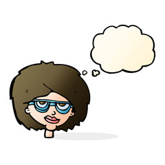 cartoon woman wearing spectacles with thought bubble