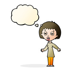 cartoon tired woman with thought bubble