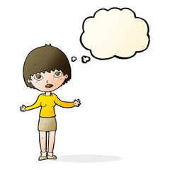 cartoon woman shrugging  with thought bubble