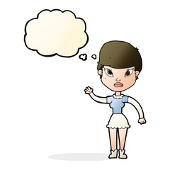 cartoon woman waving with thought bubble