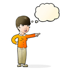 cartoon woman pointing finger of blame with thought bubble