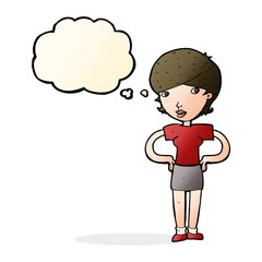 cartoon woman with hands on hips with thought bubble