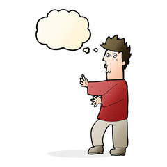 cartoon nervous man waving with thought bubble