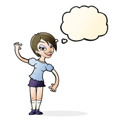 cartoon girl waving with thought bubble