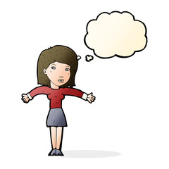 cartoon woman shrugging shoulders with thought bubble