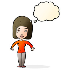 cartoon woman shrugging shoulders with thought bubble