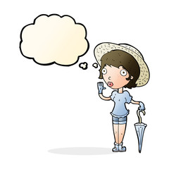 cartoon woman in summer hat waving with thought bubble