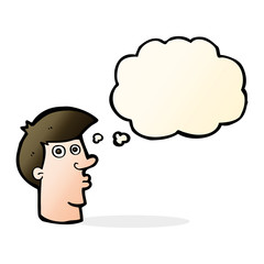 cartoon confused man with thought bubble