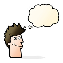 cartoon happy man with thought bubble