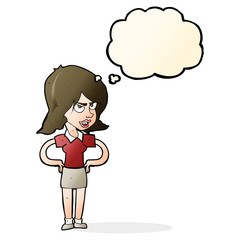 cartoon annoyed woman with hands on hips with thought bubble