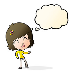 cartoon happy woman pointing with thought bubble