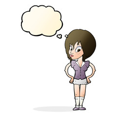 cartoon woman with hands on hips with thought bubble