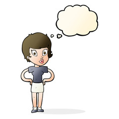 cartoon woman with hands on hips with thought bubble