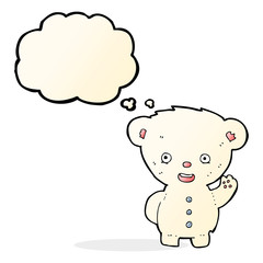 cartoon waving polar bear cub with thought bubble